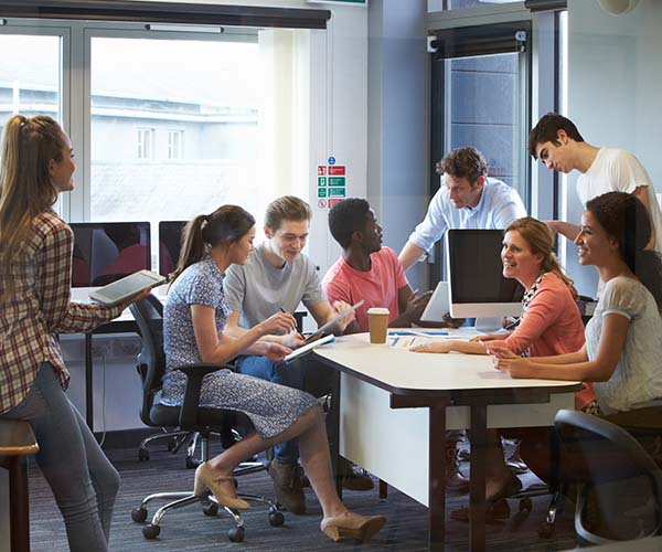 college students group study class using computers